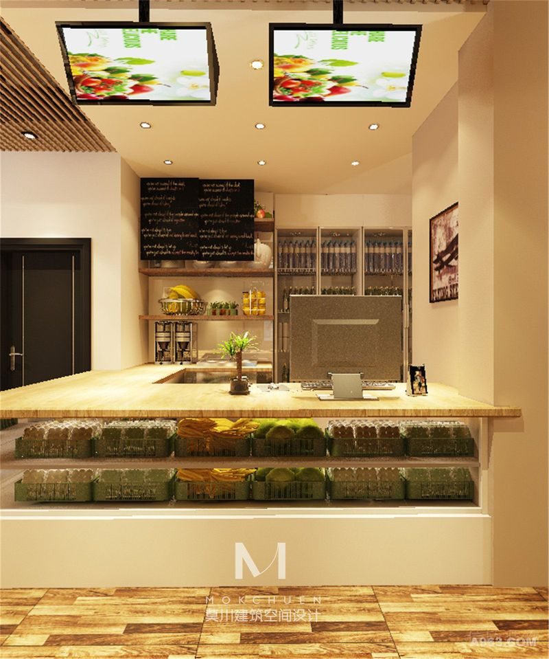 產(chǎn)品結(jié)賬區(qū)裝修效果環(huán)形實木環(huán)保超市設(shè)計圖。