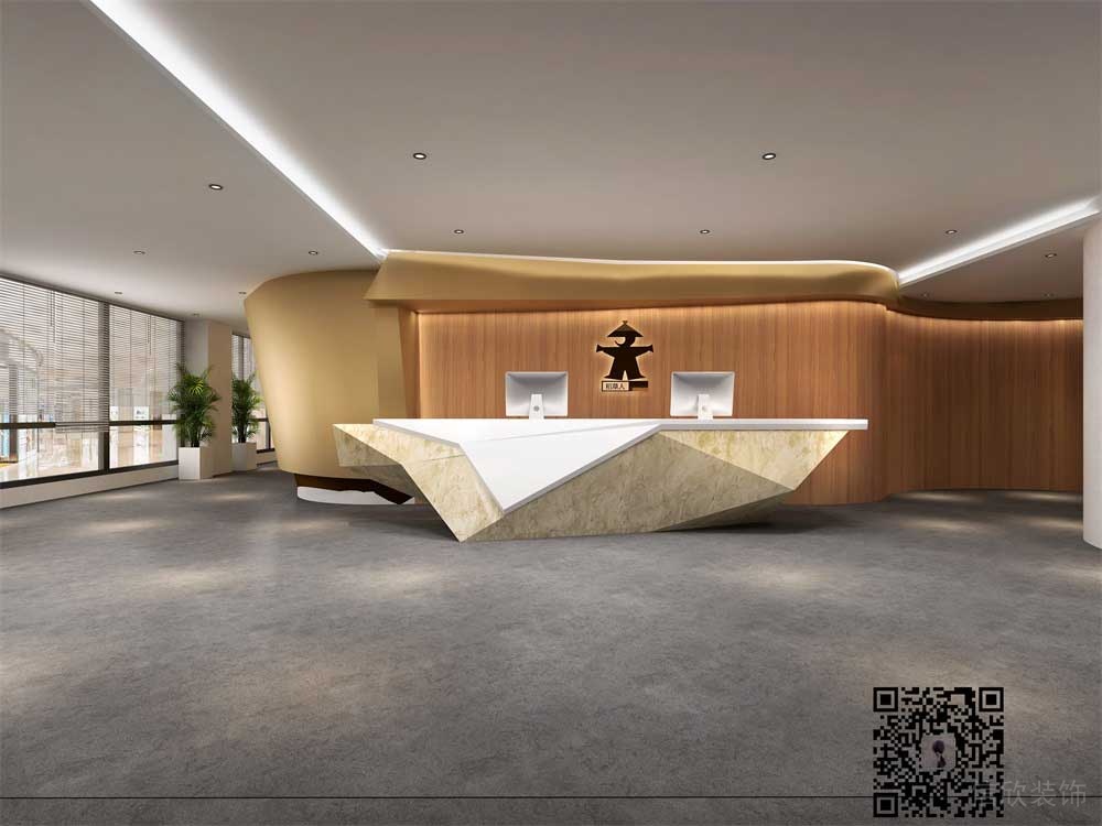 前臺(tái)區(qū)不規(guī)則幾何造型接待臺(tái)現(xiàn)代木質(zhì)形象背景版裝修效果