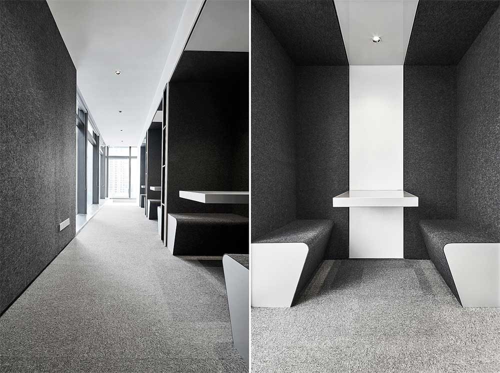 黑白色調(diào)現(xiàn)代簡約風(fēng)面對面天花休息凳定制一體式設(shè)計辦公室商務(wù)風(fēng)效果圖