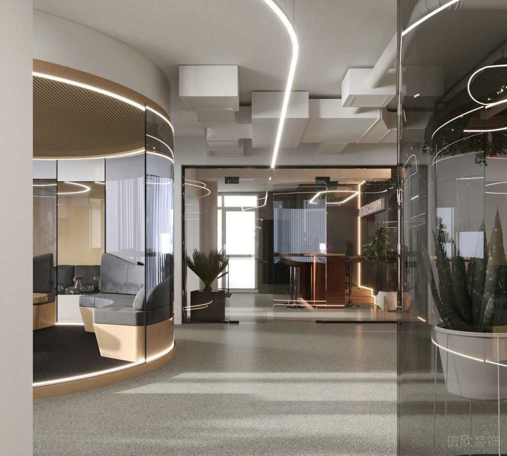 輕奢風(fēng)燈飾圓形玻璃墻體獨立辦公室裝修效果圖