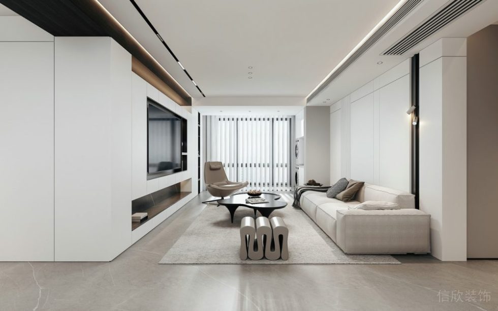 全屋定制客廳奶油色系灰調(diào)客廳沙發(fā)創(chuàng)意簡約設(shè)計效果圖。