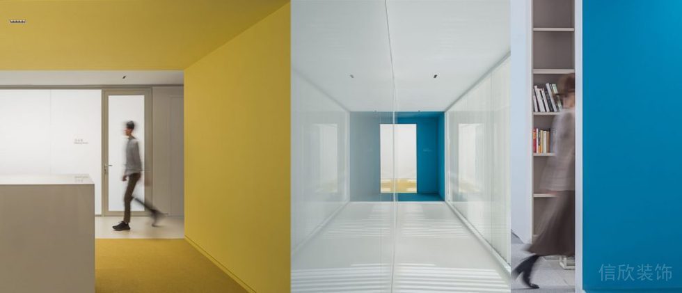 黃色辦公室環(huán)形過道藍(lán)色墻體隔斷玻璃辦公室效果
