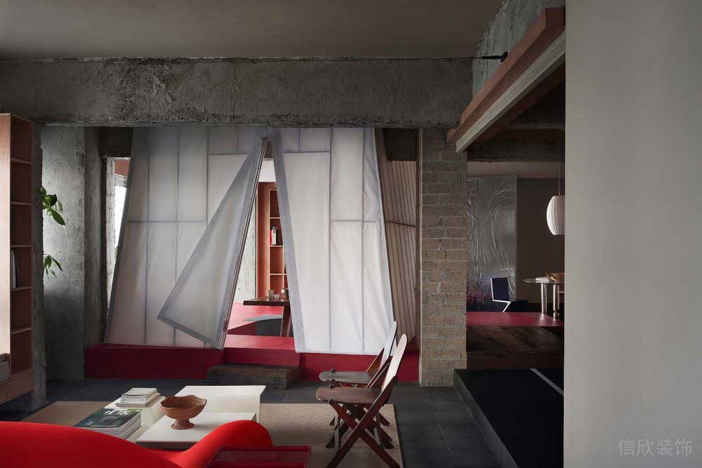 紅色地臺布藝金屬隔斷地面瓷磚裝修設(shè)計效果圖