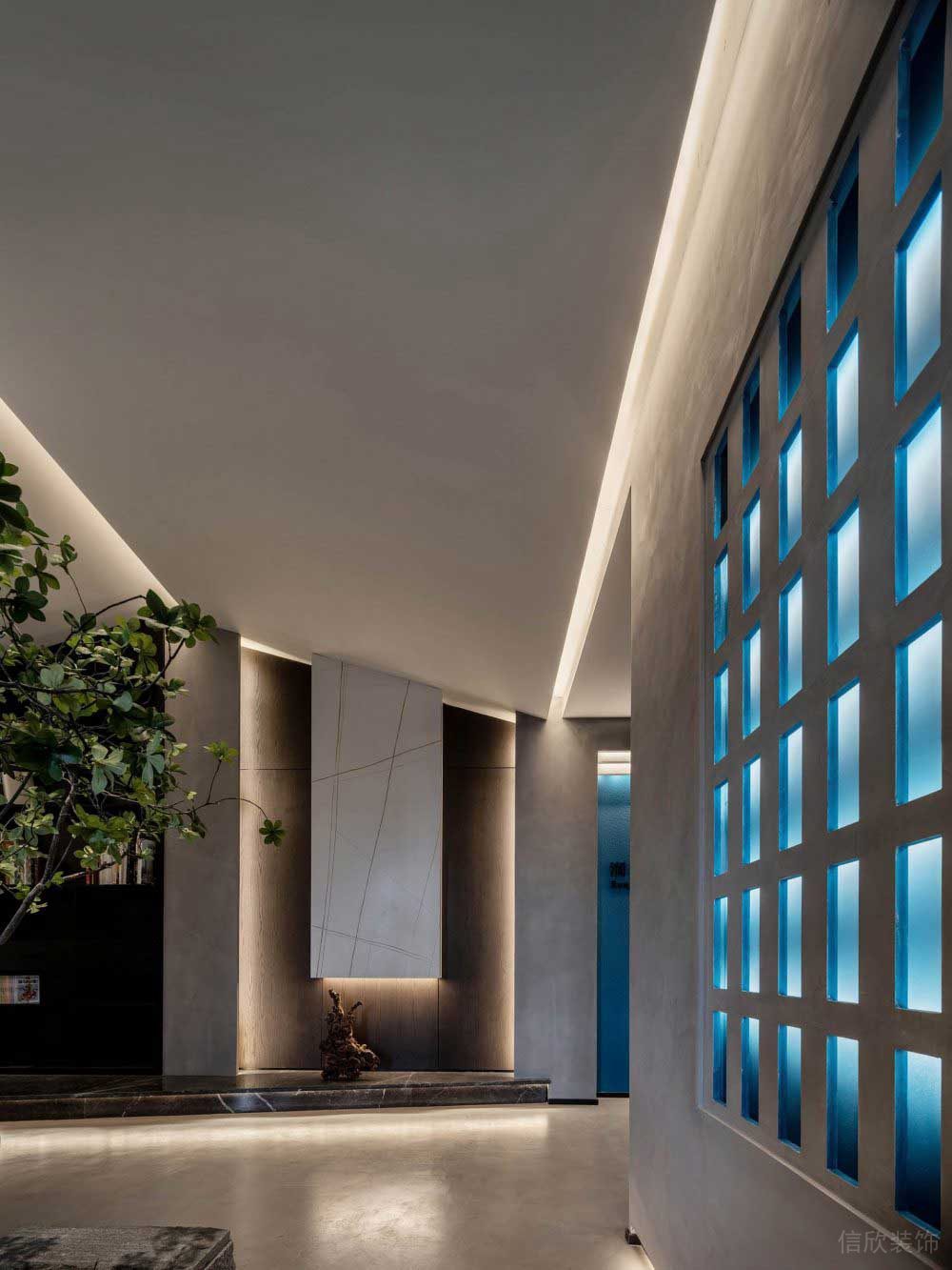 大理石地面墻體做格子造型內(nèi)嵌燈帶天花吊頂設(shè)計(jì)