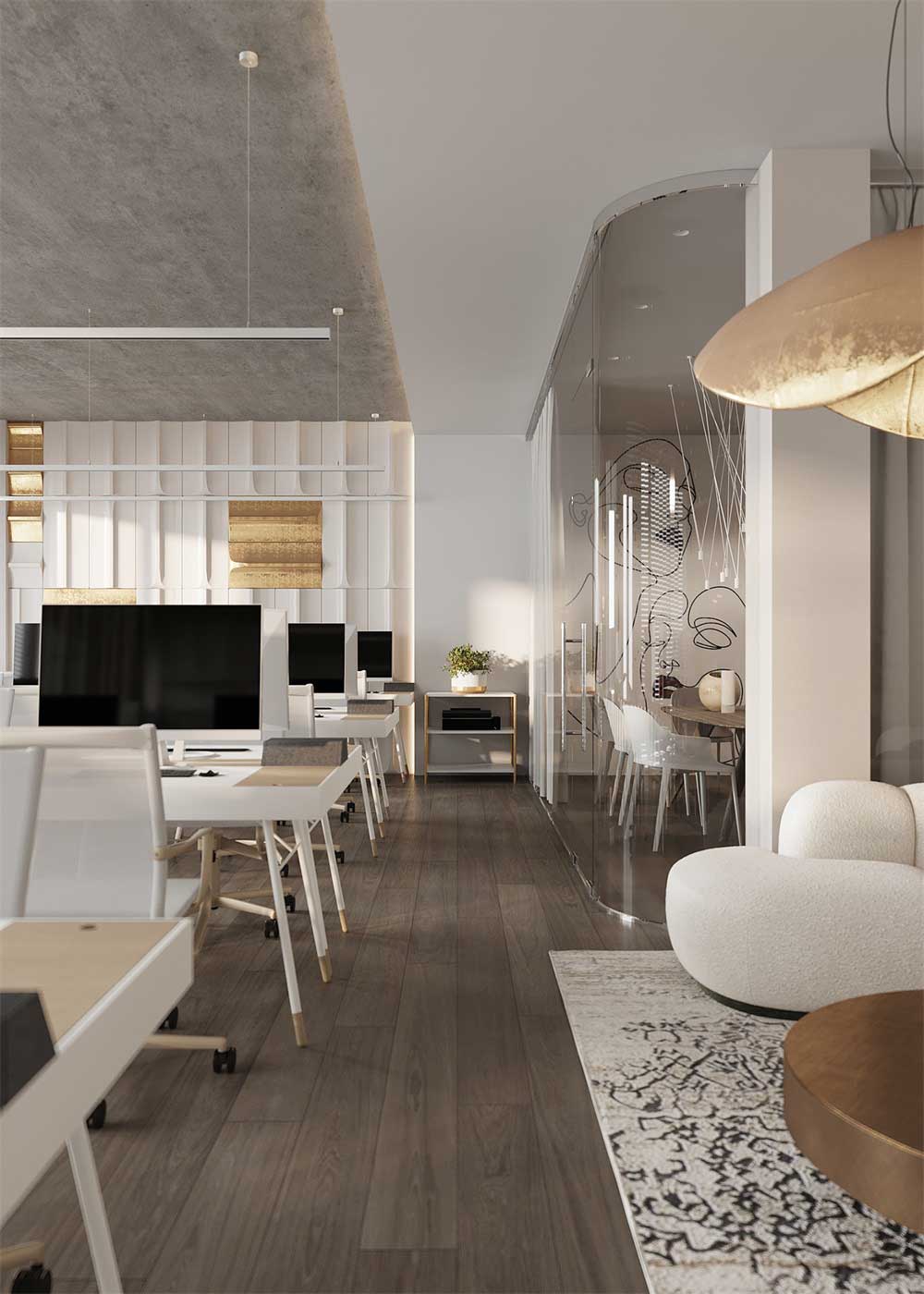 深圳羅湖500平方簡約風(fēng)格辦公室裝修辦公區(qū)波紋板背景墻