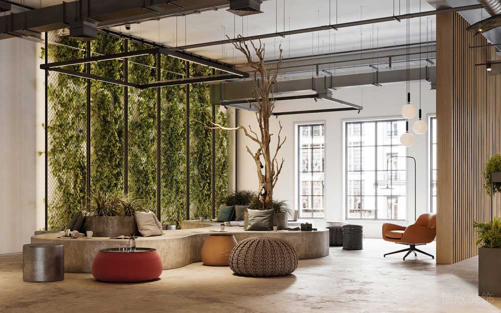 日式園林風(fēng)綠化木飾面大廳休息區(qū)榻榻米彩色座椅沙發(fā)效果