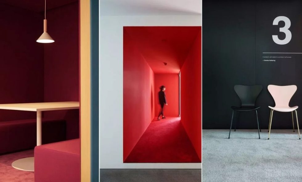 紅色時(shí)尚過(guò)道裝修藝術(shù)壁畫木質(zhì)洽談室裝修視覺(jué)效果休息區(qū)辦公室