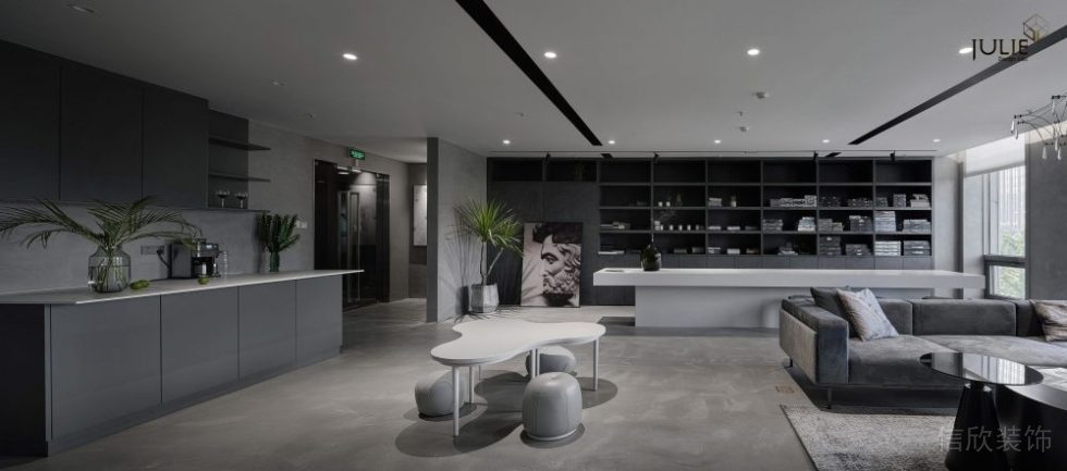 商務(wù)風(fēng)黑色簡(jiǎn)約風(fēng)裝修弧線沙發(fā)設(shè)計(jì)全屋定制員工休息區(qū)辦公室裝修