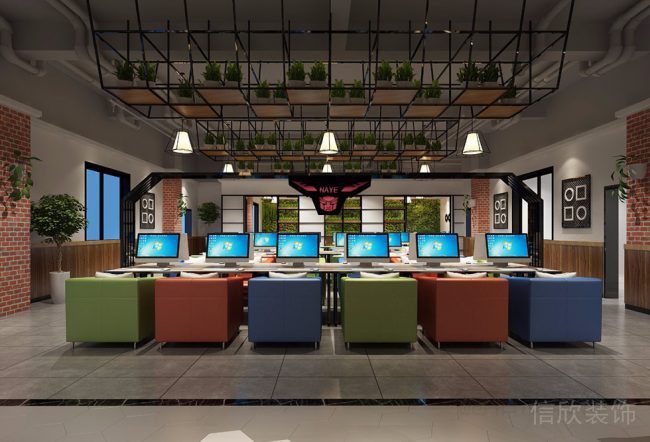 彩色工位環(huán)形天花綠色植物格子吊頂金屬材質(zhì)大理石地板簡約網(wǎng)吧設(shè)計(jì)店鋪效果