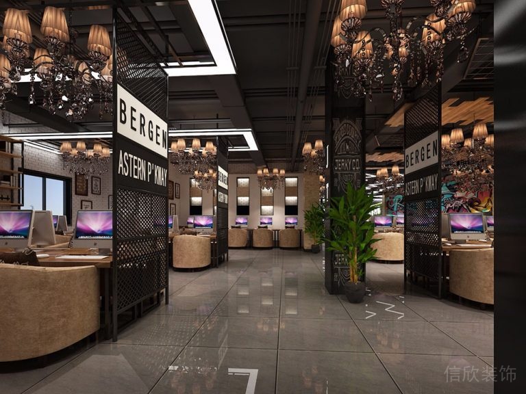 大理石過(guò)道休息區(qū)天花吊頂裝修鏤空金屬墻體網(wǎng)吧設(shè)計(jì)