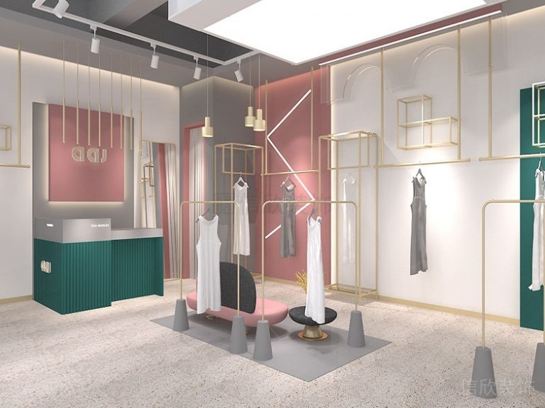服裝店鋪裝修設(shè)計假想圖金屬管道掛衣區(qū)水磨石地板現(xiàn)代效果