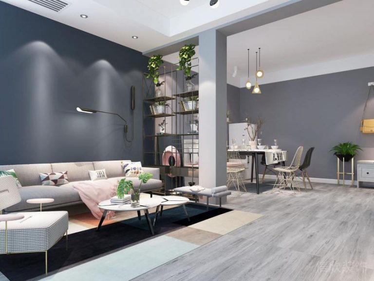 客廳裝修效果圖灰色墻體設(shè)計射燈布藝沙發(fā)實木地板裝修