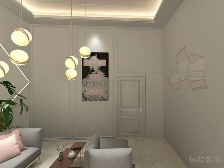 布藝沙發(fā)瓷磚地面護(hù)墻板方形天花吊頂裝修設(shè)計(jì)