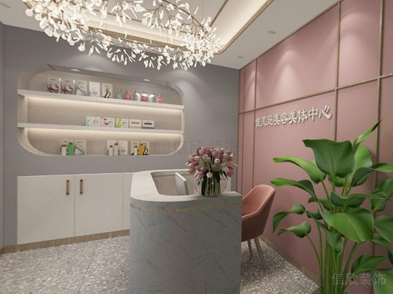 前臺接待區(qū)金屬線條背景墻方形天花吊頂裝修設(shè)計(jì)效果圖