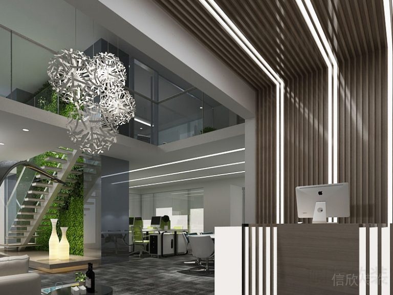 前臺接待區(qū)背景墻線條天花吊頂裝修設(shè)計效果圖