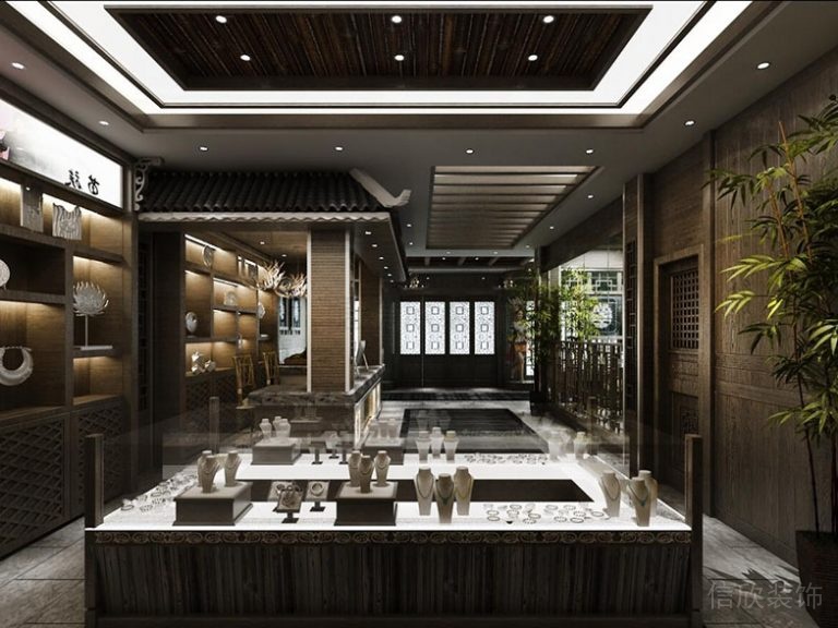 展示區(qū)玻璃柜木飾面墻面方形天花吊頂裝修設(shè)計效果圖