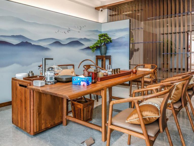 茶室屏風背景瓷磚地面木格柵隔斷裝修設(shè)計