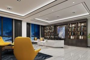 辦公室地毯皮質沙發(fā)瓷磚地面方形天花吊頂效果圖設計