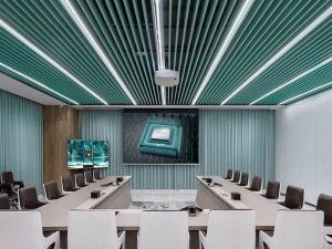 辦公室裝修設(shè)計(jì)效果圖薄荷綠色會議室環(huán)形多功能場地