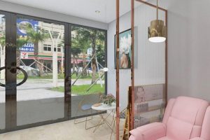 店鋪裝修效果圖現(xiàn)代金屬裝修粉色沙發(fā)大廳裝修設(shè)計(jì)