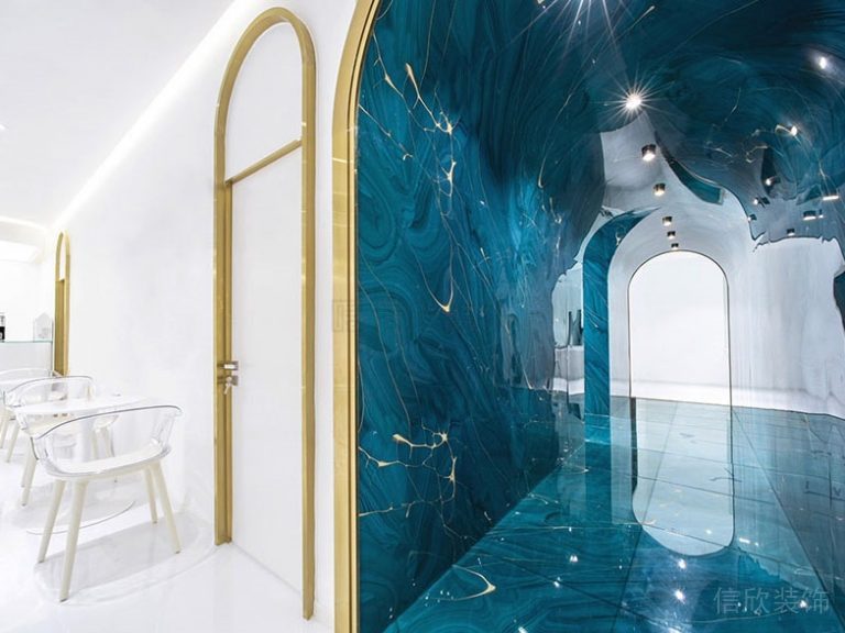 鎏金金色弧形邊框過(guò)道藍(lán)色現(xiàn)代辦公室設(shè)計(jì)圖