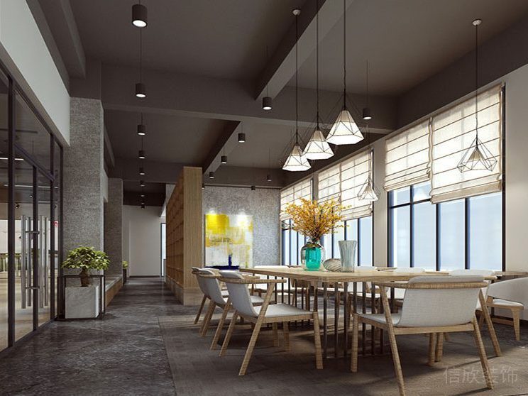 會(huì)議室橡木點(diǎn)綴設(shè)計(jì)家具過(guò)道灰色辦公室裝修設(shè)計(jì)