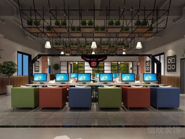 電子互聯(lián)網(wǎng)圖書館裝修設(shè)計(jì)效果圖天花金屬黑色框架設(shè)計(jì)