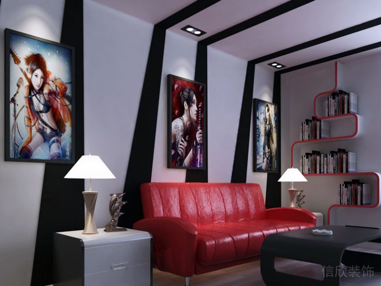 紅色皮革沙發(fā)休息區(qū)域電競酒店裝弧線書柜墻體收納大堂等候區(qū)裝修