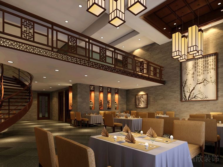 木質(zhì)樓層鏤空護(hù)欄板裝修設(shè)計木雕工藝就餐餐廳