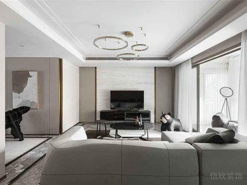 石膏線環(huán)形天花創(chuàng)意設(shè)計大理石地板隱形分區(qū)線條客廳裝修