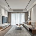 輕奢風(fēng)客廳裝修效果圖中央空調(diào)智能窗簾直線沙發(fā)木質(zhì)效果