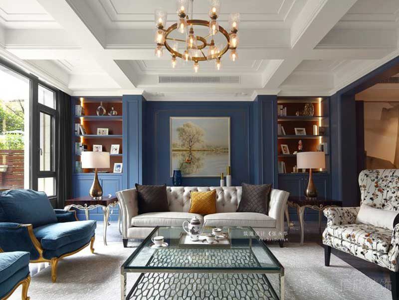 北歐風(fēng)藍色航行設(shè)計船舵天花圖案效果水晶燈玻璃茶幾客廳