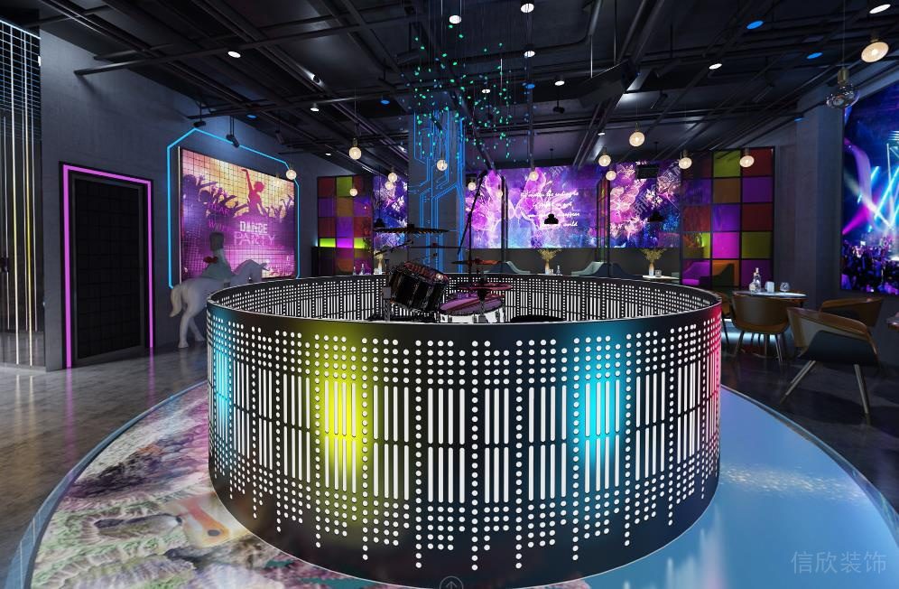 工業(yè)風(fēng)酒吧大廳中間圓形音樂舞臺效果圖