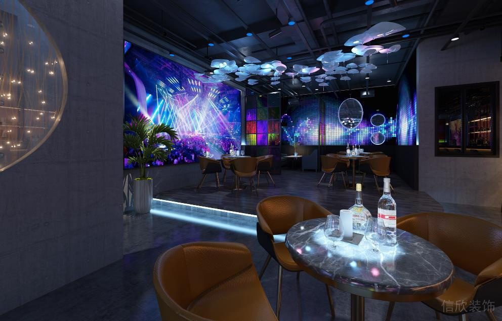 工業(yè)風(fēng)酒吧圓形餐桌橙色皮質(zhì)餐椅圖片