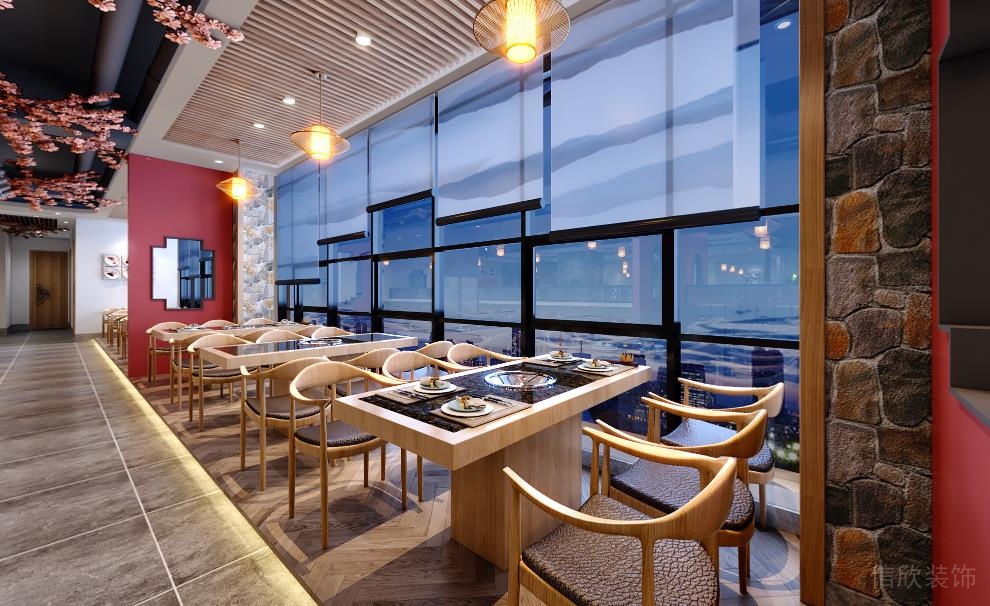 新中式風(fēng)格火鍋店臨窗就餐區(qū)裝修效果圖