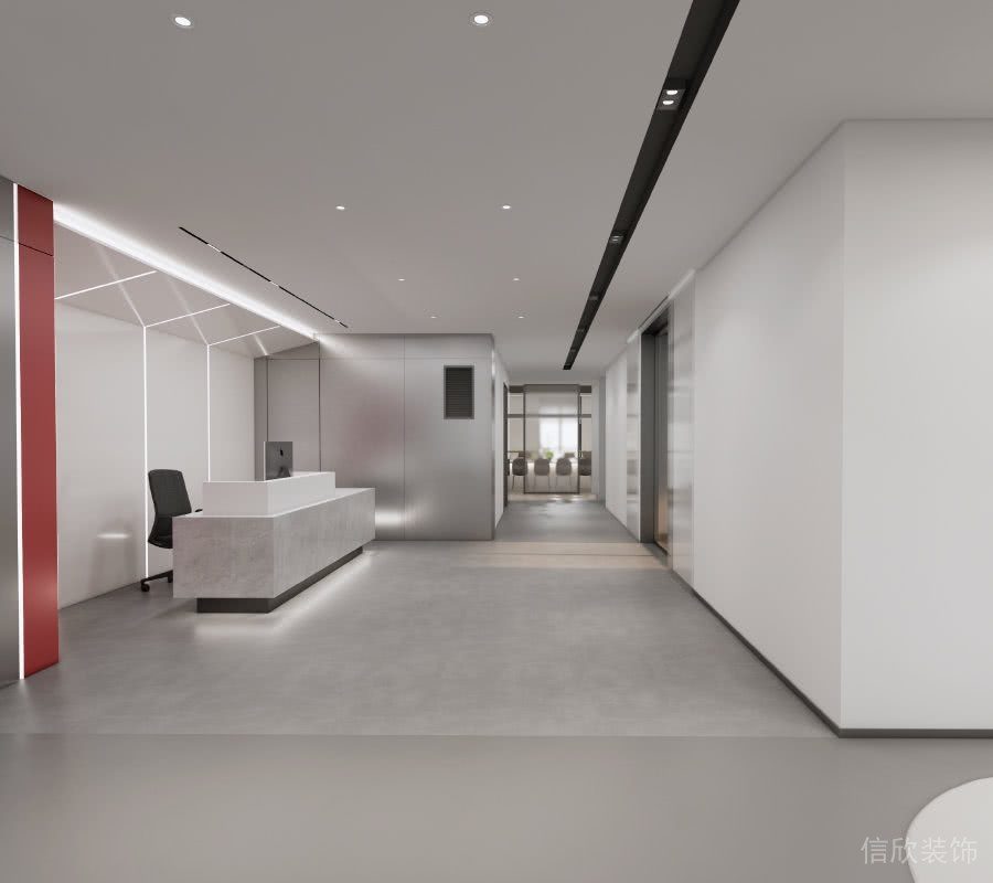 紅色點(diǎn)綴強(qiáng)度設(shè)計(jì)線條交叉設(shè)計(jì)燈飾前臺區(qū)金屬墻體辦公室未來科技感過道