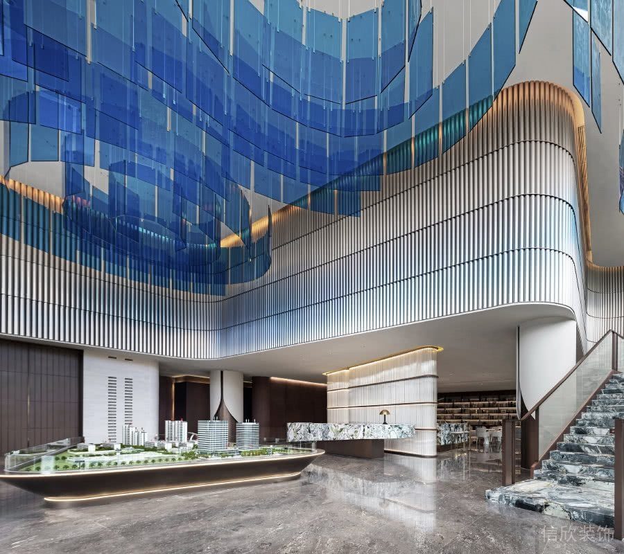 藍(lán)色天花裝修設(shè)計(jì)大廳裝修效果圖售樓中心辦公樓大廳裝修效果圖