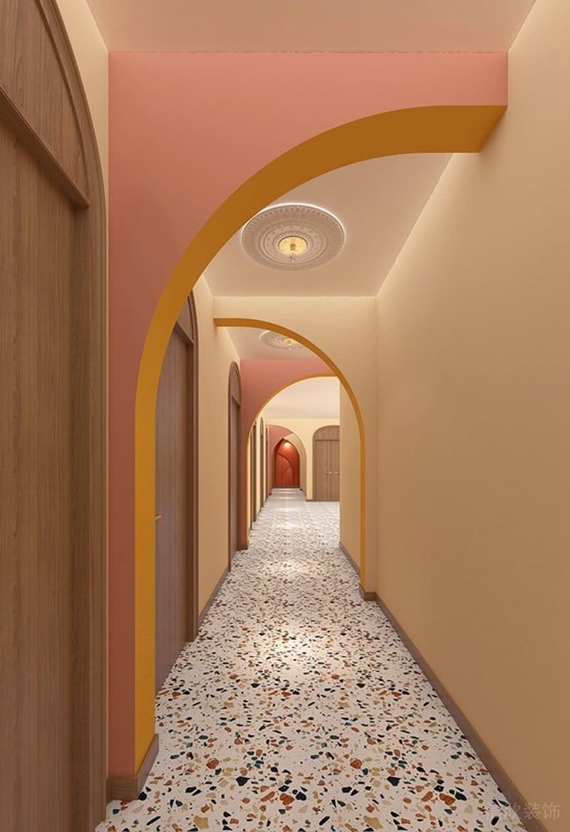 弧形水磨石彩色地板過道通現(xiàn)代風(fēng)設(shè)計(jì)少兒培訓(xùn)興趣班裝修效果圖