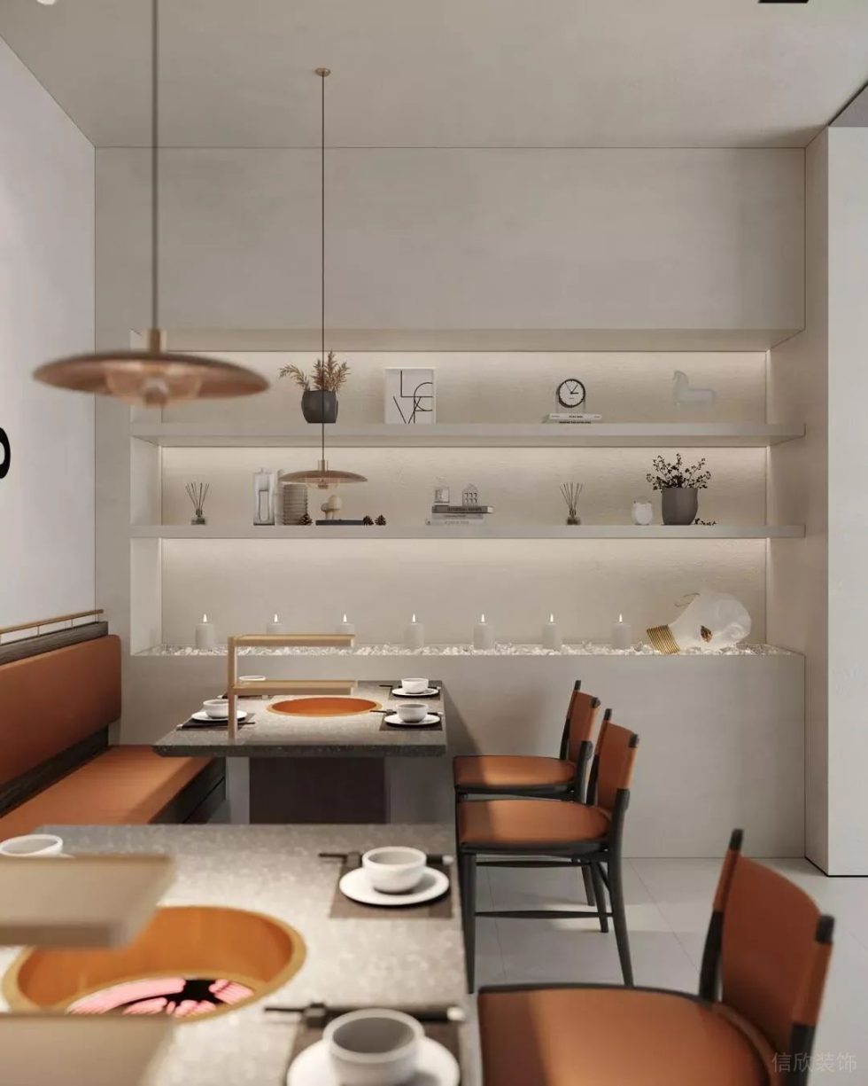 深圳鹽田合景同創(chuàng)廣場極簡風格火鍋店裝修案例內嵌式展示層架