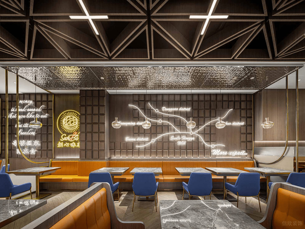 深圳寶安海府一號輕奢風(fēng)格港式茶餐廳裝修案例線型燈發(fā)光字裝飾背景墻