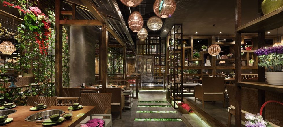 深圳福田航苑大廈田園風(fēng)格火鍋餐廳裝修案例地面鋪設(shè)