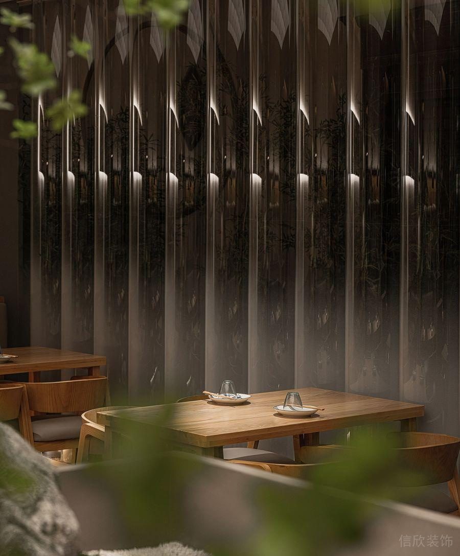 深圳龍崗陽光廣場現(xiàn)代中式風格私房菜餐廳裝修案例原木色桌椅組合