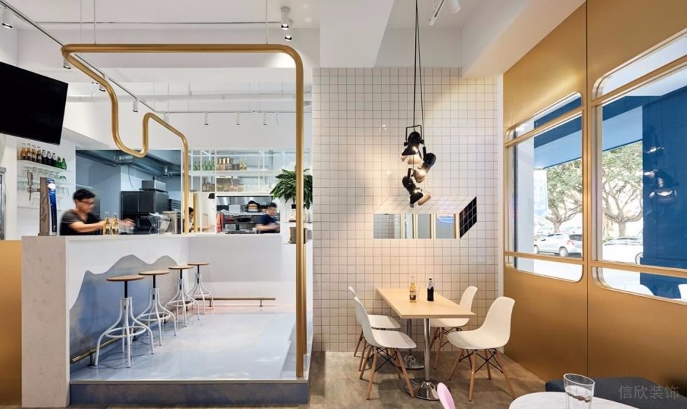 深圳龍華星河傳奇天街網(wǎng)紅現(xiàn)代風漢堡店裝修案例香檳金曲線造型鋼管 深圳龍華星河傳奇天街網(wǎng)紅現(xiàn)代風漢堡店裝修案例香檳金曲線造型鋼管