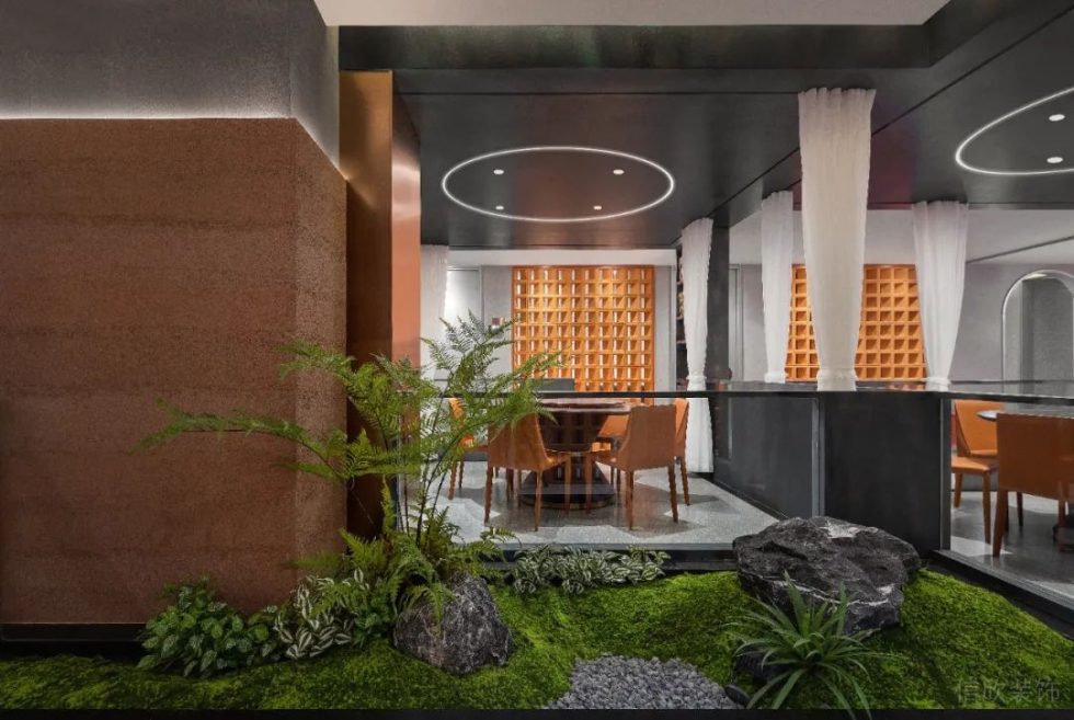 深圳南山海昌大廈現(xiàn)代風格川菜館裝修案例六人用餐區(qū)綠植景觀