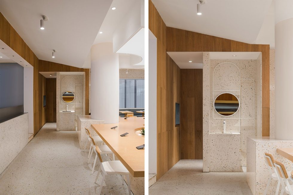 深圳南山香年廣場(chǎng)簡(jiǎn)約風(fēng)格自選快餐店裝修案例米白色水磨石墻面