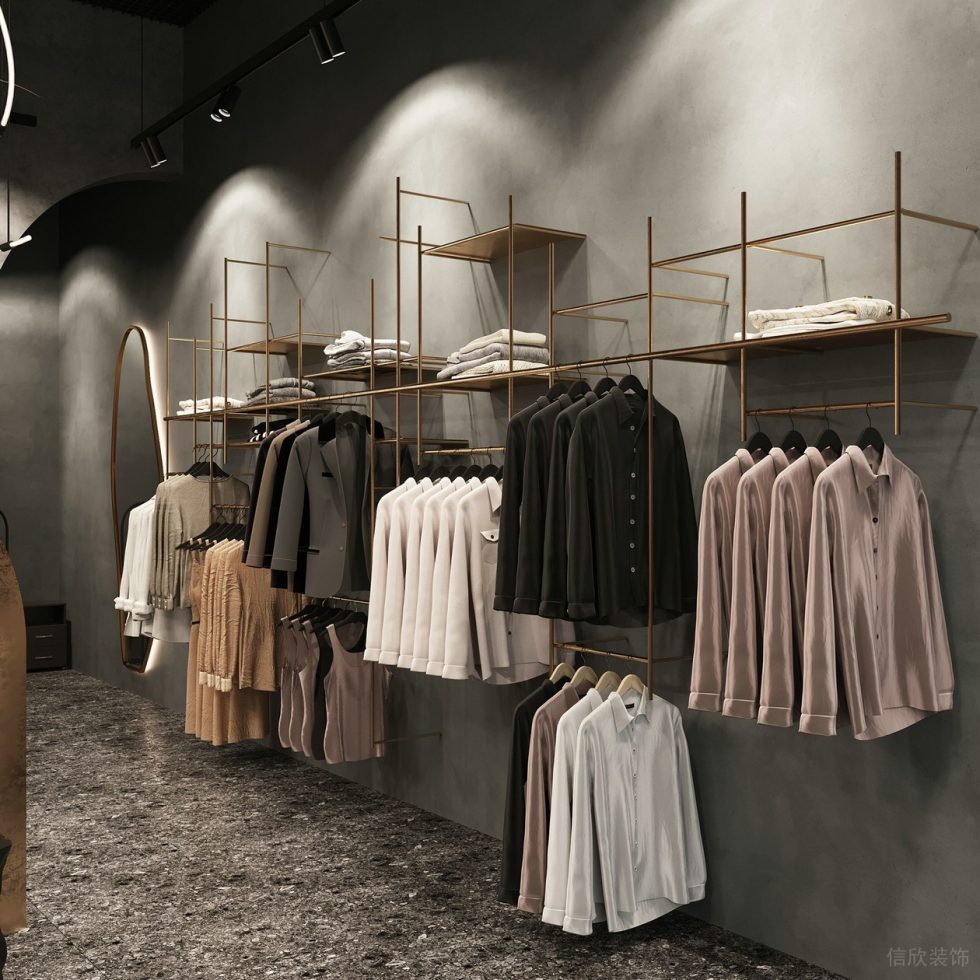 深圳市龍崗區(qū)平湖“森林” 名牌服裝店裝修設計水泥墻面金色鋼管衣架 深圳市龍崗區(qū)平湖“森林” 名牌服裝店裝修設計水泥墻面金色鋼管衣架