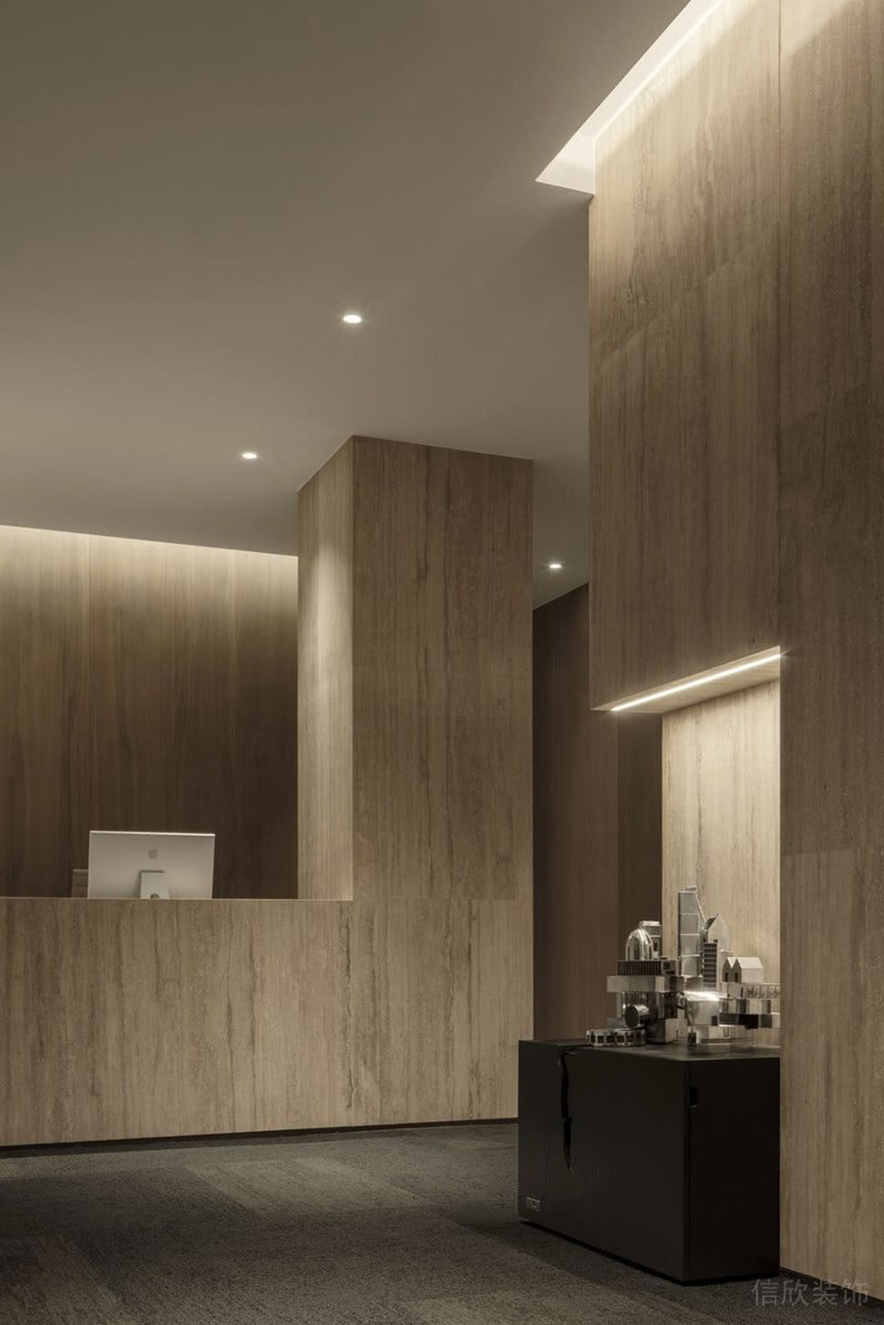 辦公室接待臺(tái)大理石墻面效果圖