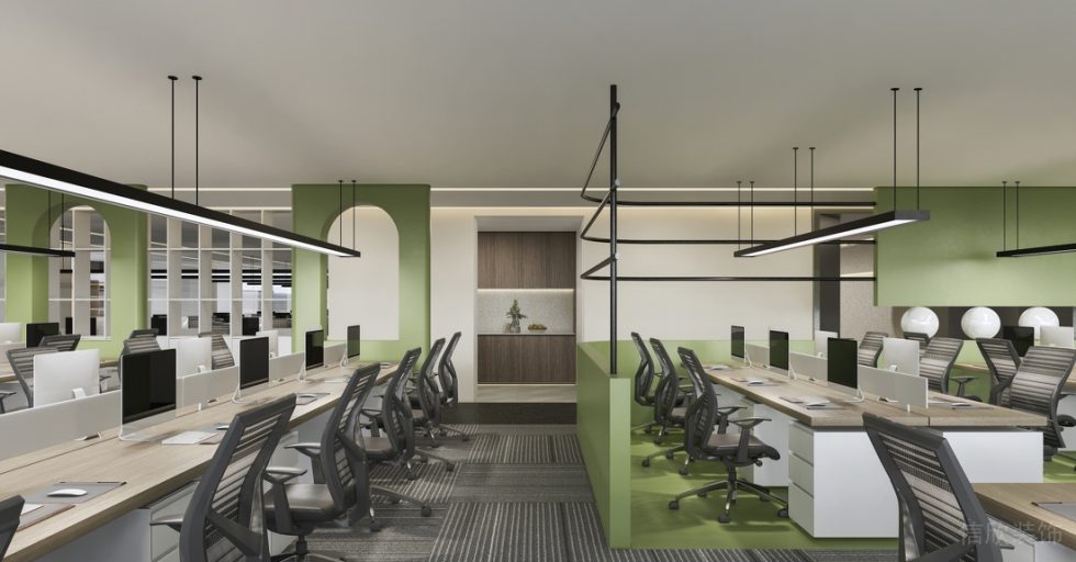 深圳寶安易尚中心2000平方米簡約風(fēng)格辦公室裝修案例辦公區(qū)線條吊燈