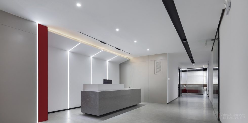 深圳龍華壹成環(huán)智中心1500平方米現(xiàn)代簡約風(fēng)格辦公室裝修案例前臺接待區(qū)