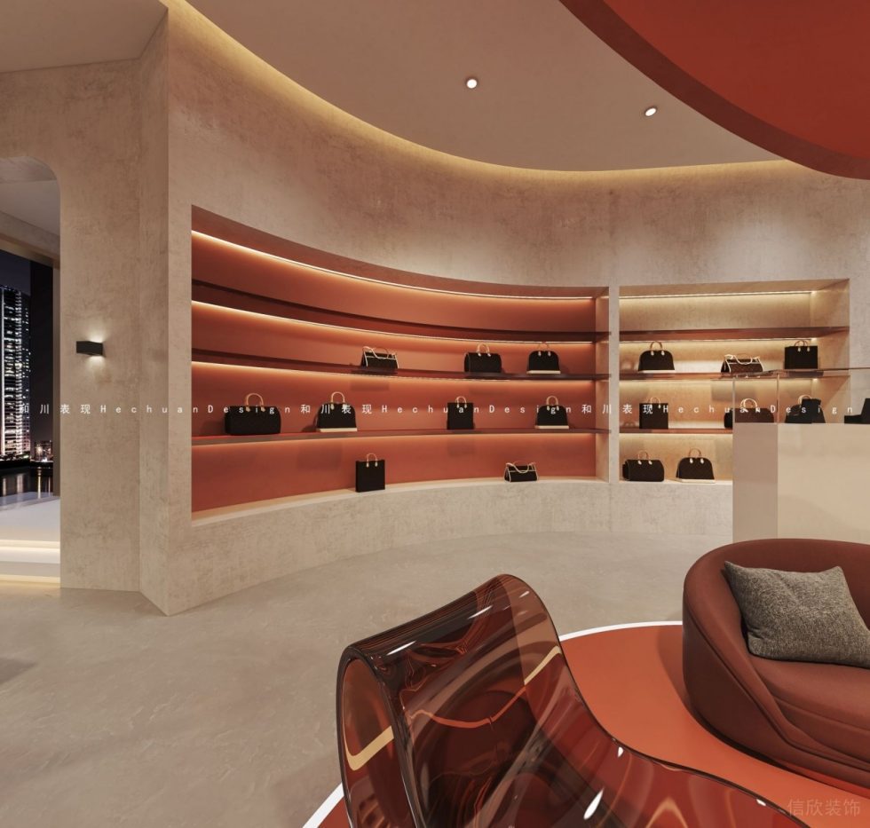 深圳市龍崗區(qū)布吉現(xiàn)代輕奢風(fēng)奢侈品店弧形墻面展架裝修設(shè)計(jì)效果圖 